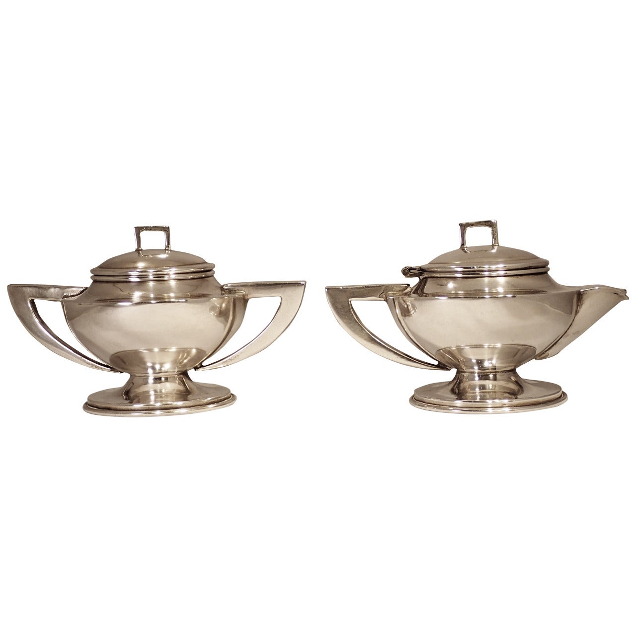 Deco Inspired 1950s Hector Aguilar Silver Cream and Sugar Service For Sale