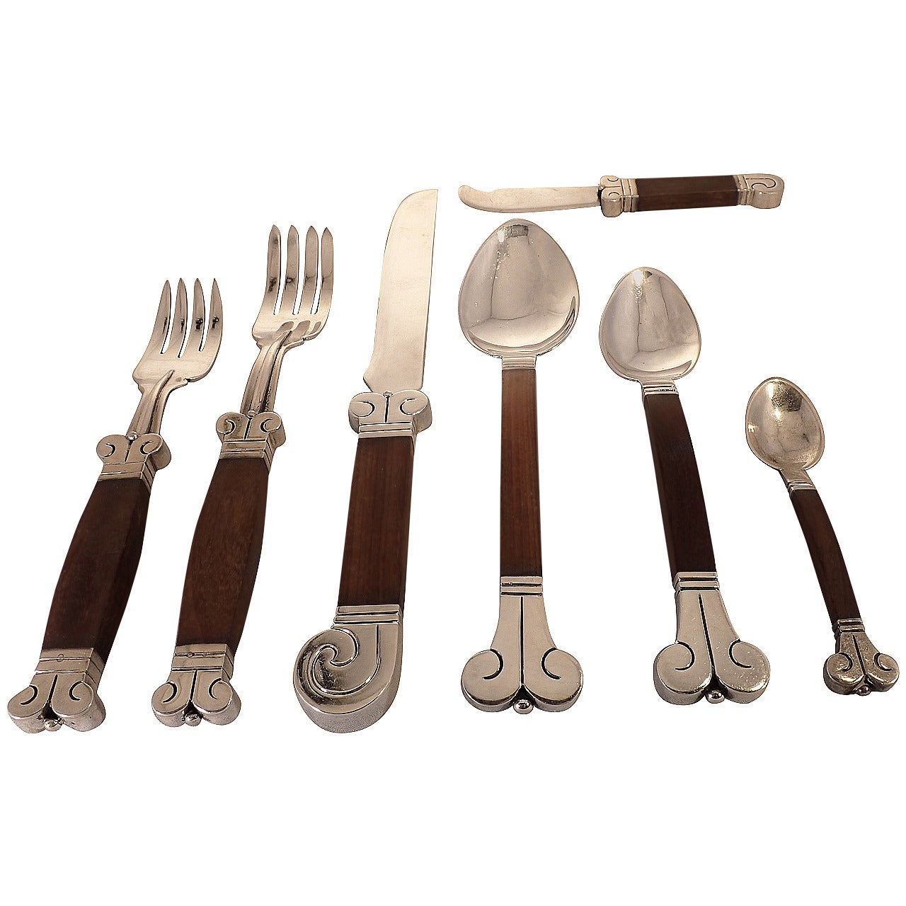 1940s Hector Aguilar Silver and Rosewood Thirty-Six-Piece Flatware Set For Sale