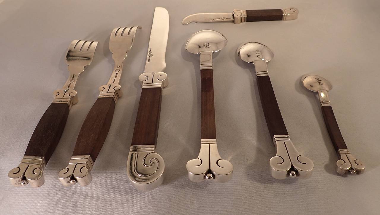 Mid-Century Modern 1940s Hector Aguilar Silver and Rosewood Thirty-Six-Piece Flatware Set For Sale