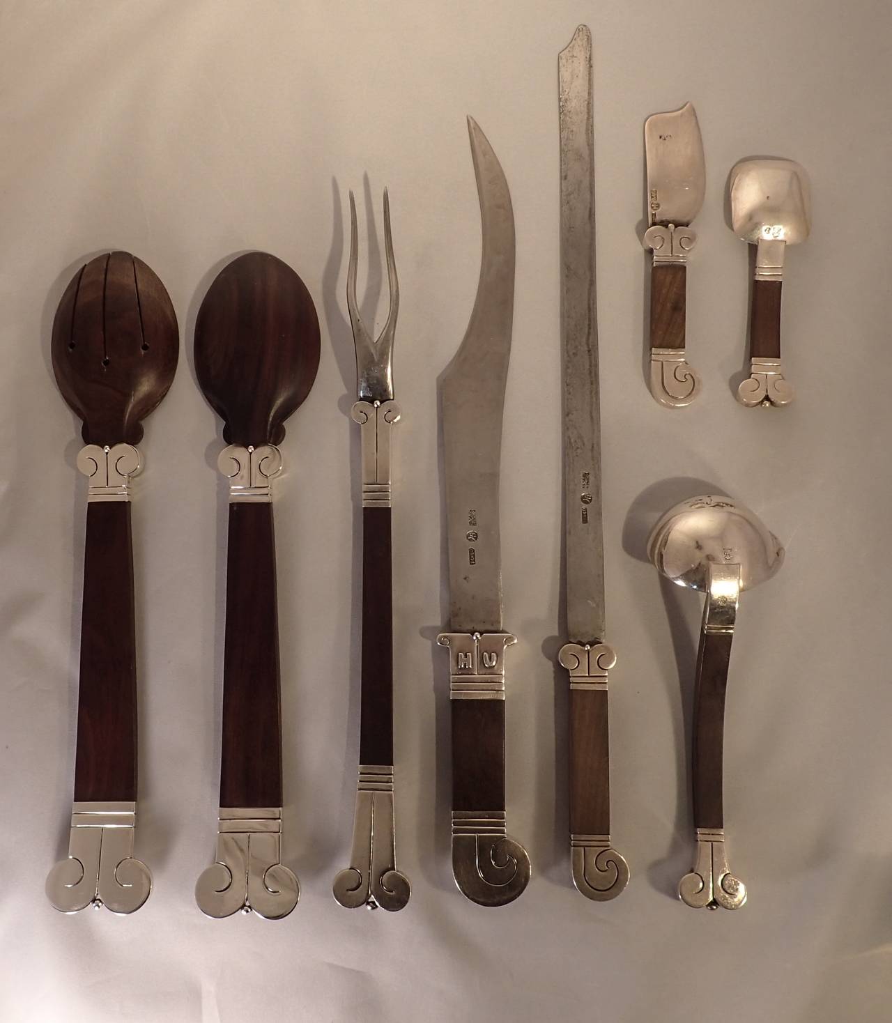 20th Century 1940s Hector Aguilar Silver and Rosewood Thirty-Six-Piece Flatware Set For Sale