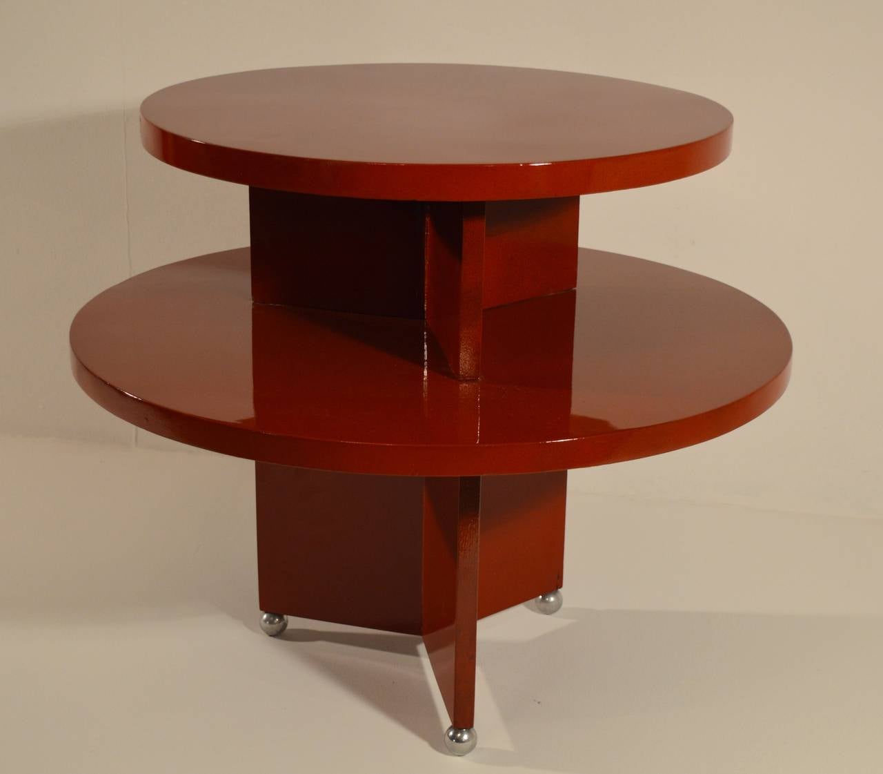 French Art Deco Red Laquered Coffee Table on Metal Ball Feet
