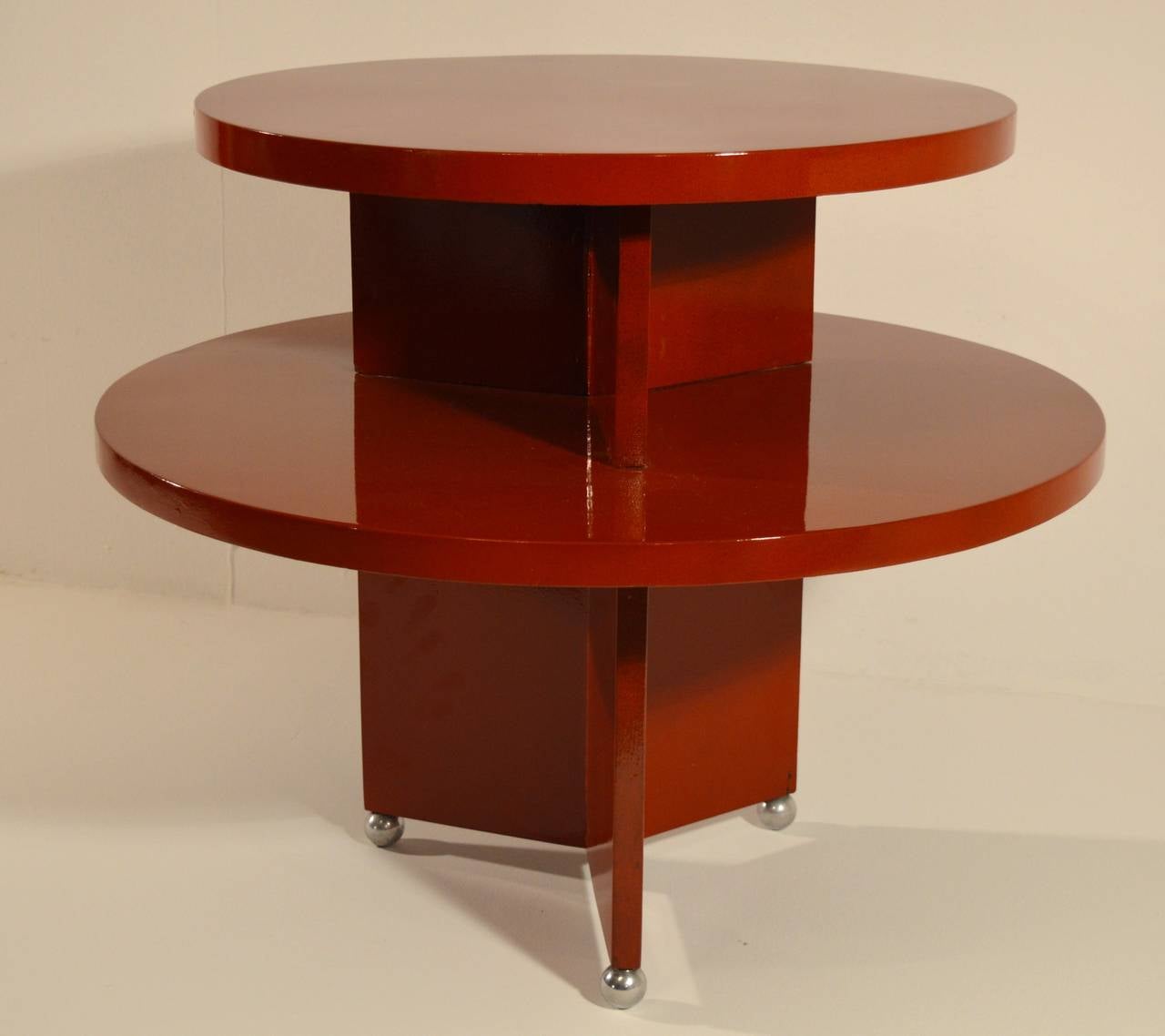 Lacquered Art Deco Red Laquered Coffee Table on Metal Ball Feet