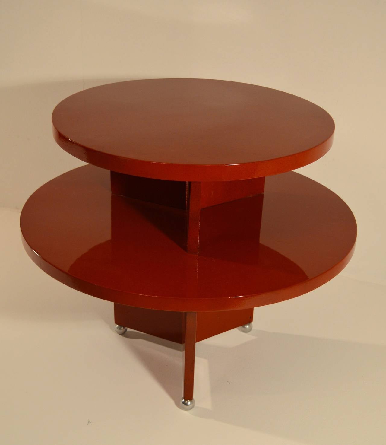 Art Deco Red Laquered Coffee Table on Metal Ball Feet 2