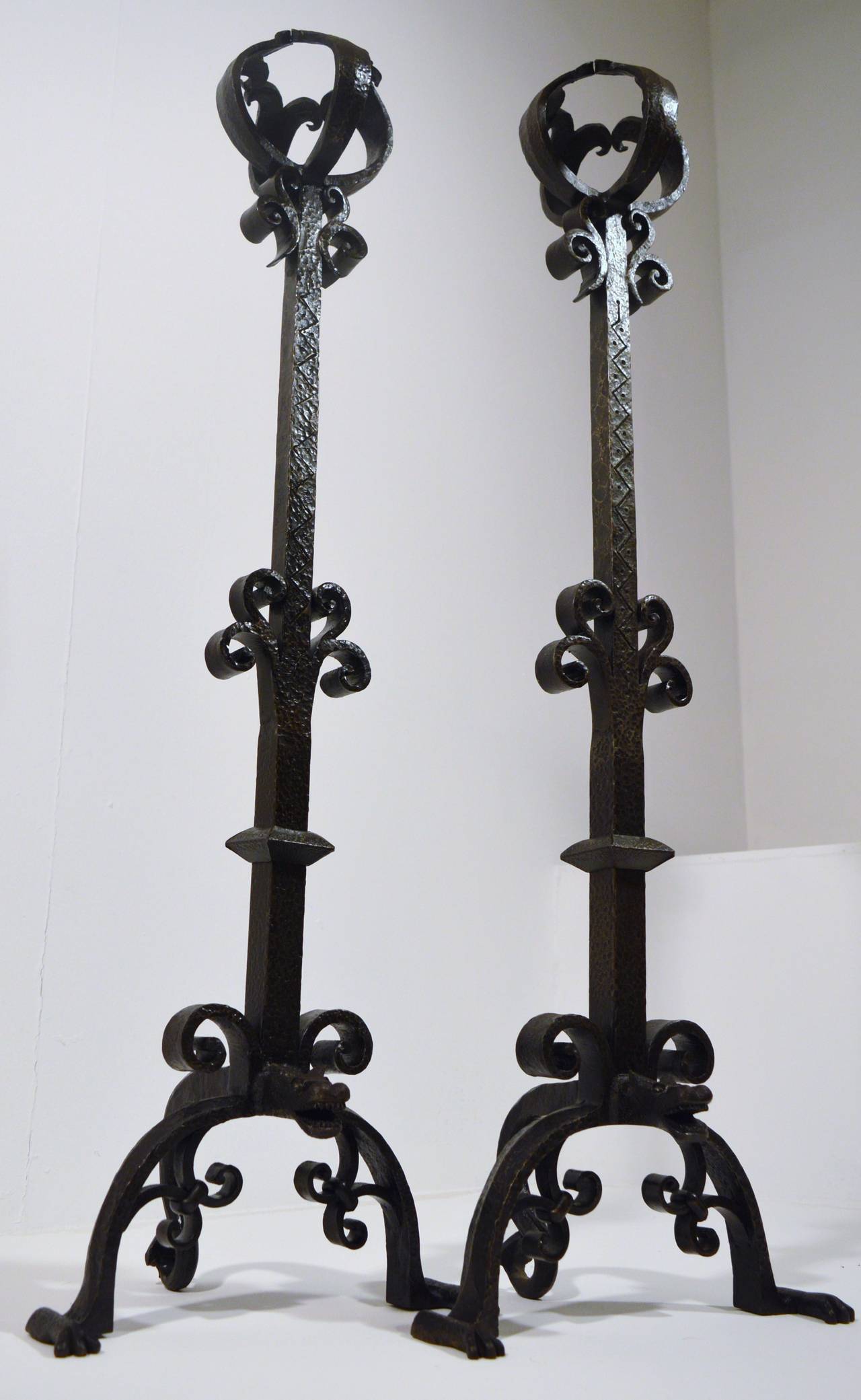 French Pair of Large 1900s Iron Chenets or Andirons