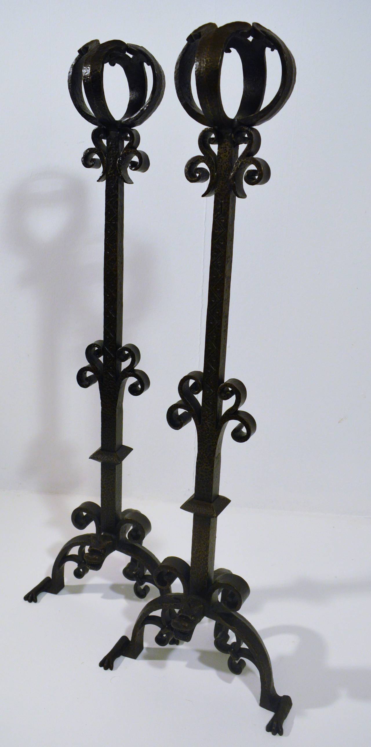 Cast Pair of Large 1900s Iron Chenets or Andirons