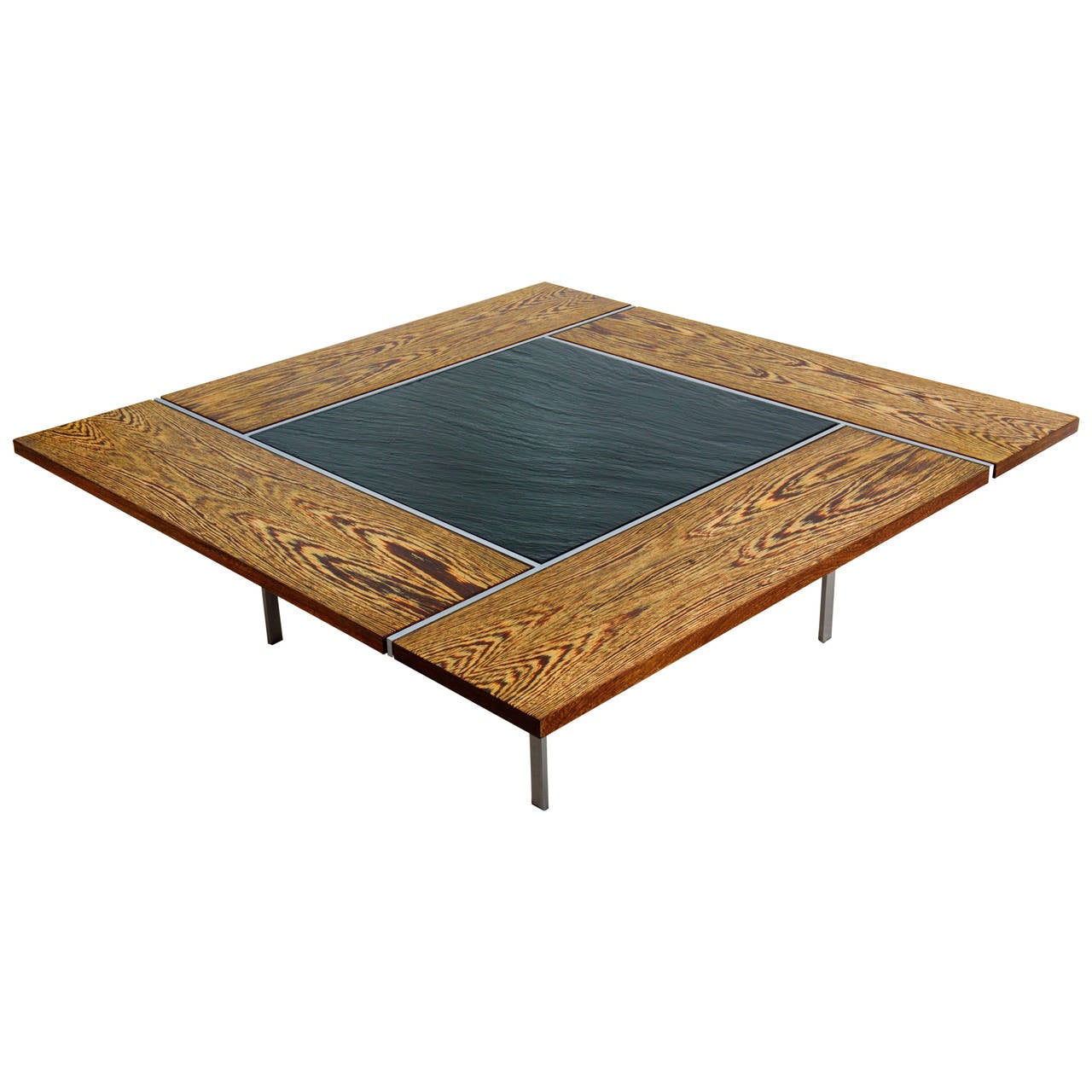 Square coffee table by Preben Fabricius
Manufactured by BO-EX in 1970
Made of wenge wood, slate and chromed steel

Inspired by functionalism and firmness of Scandinavian design, which has had considerable influence on the aesthetics of the