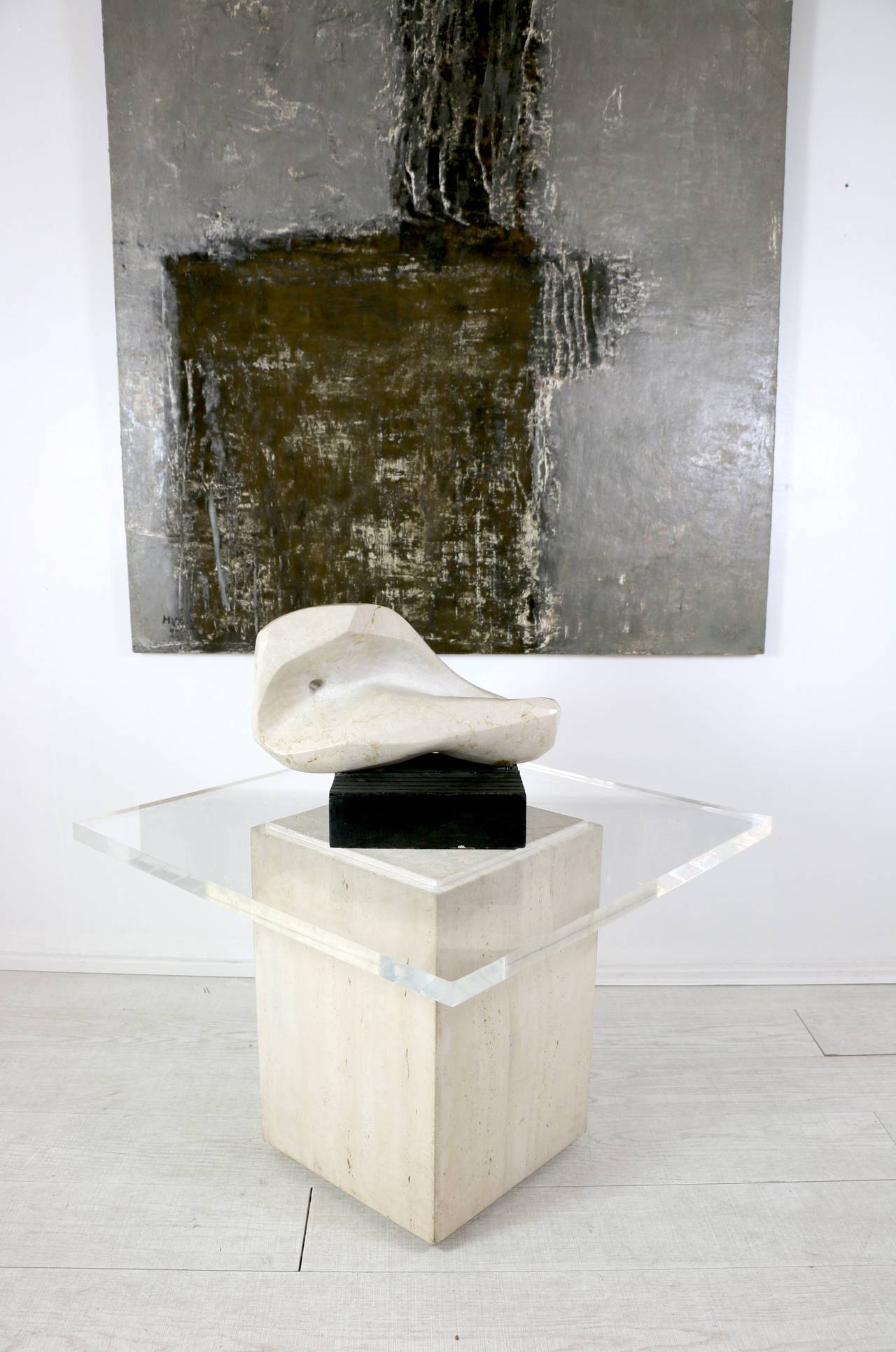 Robert Tagliazucchi marble sculpture standing on a black wood base. Unique piece create in 1993.