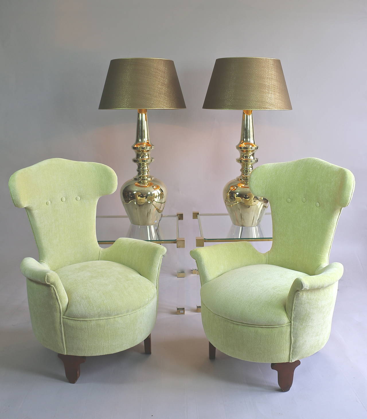 1950s pair of small Italian armchairs covered by a Rubelli fabric, circa 1950.