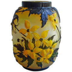 Yellow Clematis Mold-Blown Cameo Glass Vase by Emile Gallé, circa 1918