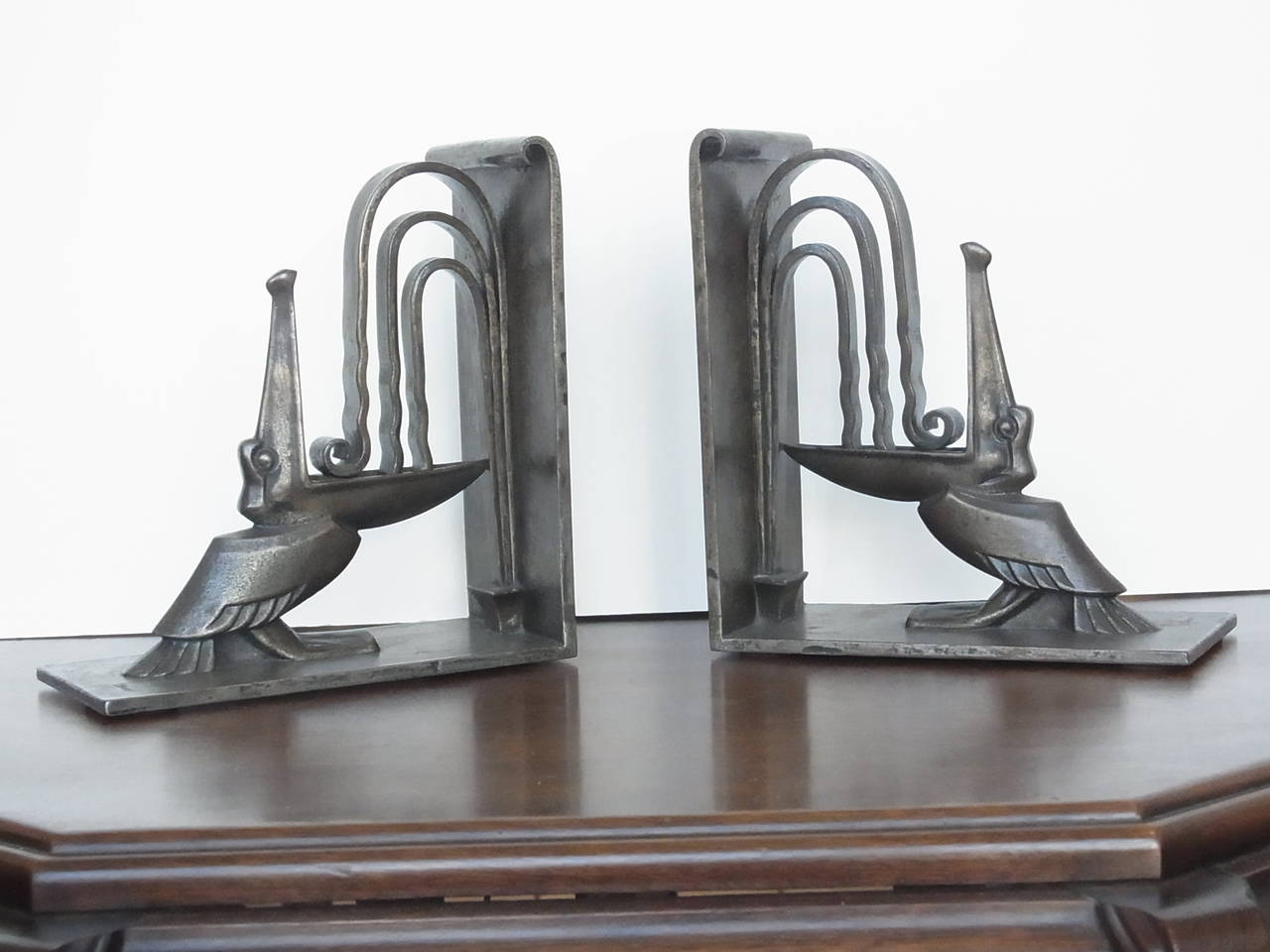 French Pair of Art Deco Wrought Iron Pelican Bookends by Edgar Brandt