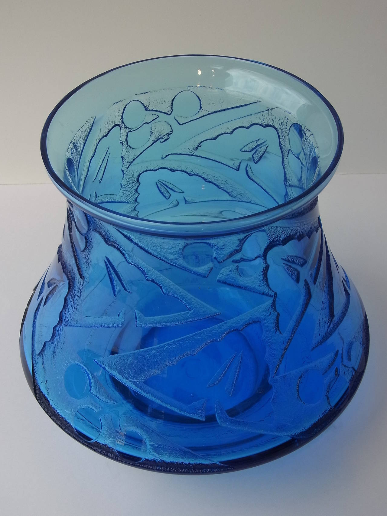 French Art Deco Bleu Geometric Decor Acid Etched Glass Vase by Daum
