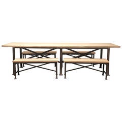 Dining Table with Four Benches on an Iron Base and Oak Top