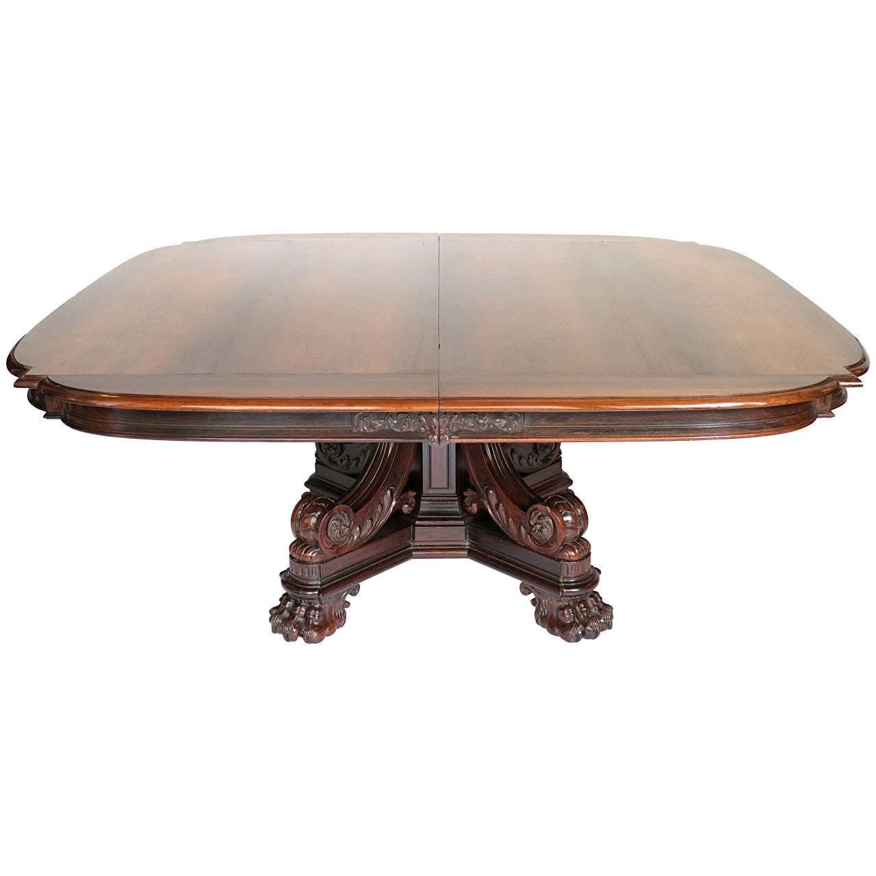 Very important extension table on central feed with three extra new leafs in the finest Rio rosewood.
Signed by 