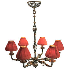 Chandelier in Ironwork with Green and Gilded Patine, from the 1930s
