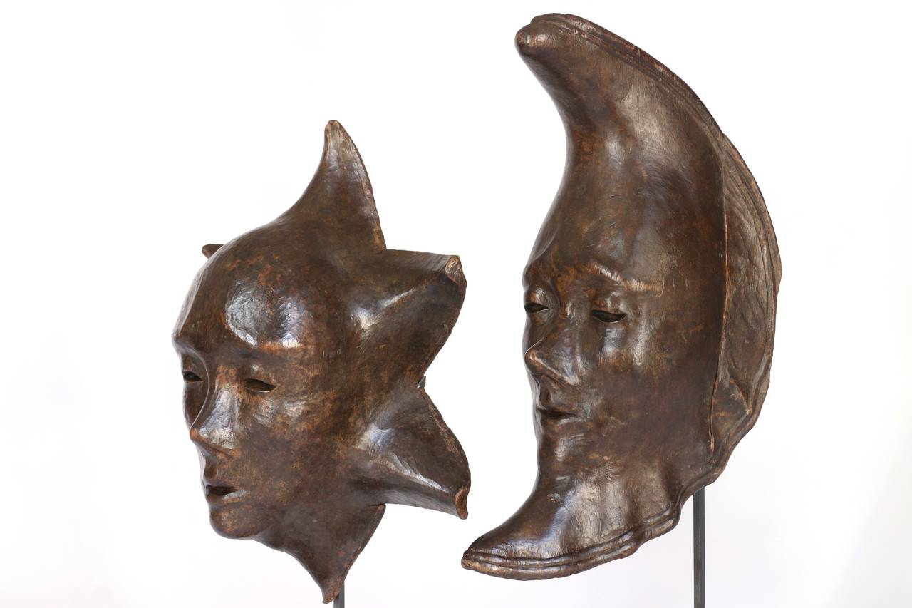 Two wooden molds of the sun and the moon on iron stand.
These wooden molds where used to make the famous carnival masks in Venice.
Sun: H 61 (24,01) x W 32 (12,60) x D 19 (7,48) cm (inch) iron base incl.
Moon: H 67 (26,38) W x 20 (7,87) x D 26