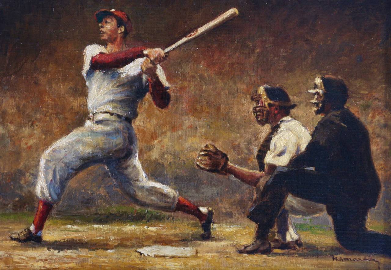 Oil painting "The Baseball Players" Babe Ruth League, Belgium, 1960 at