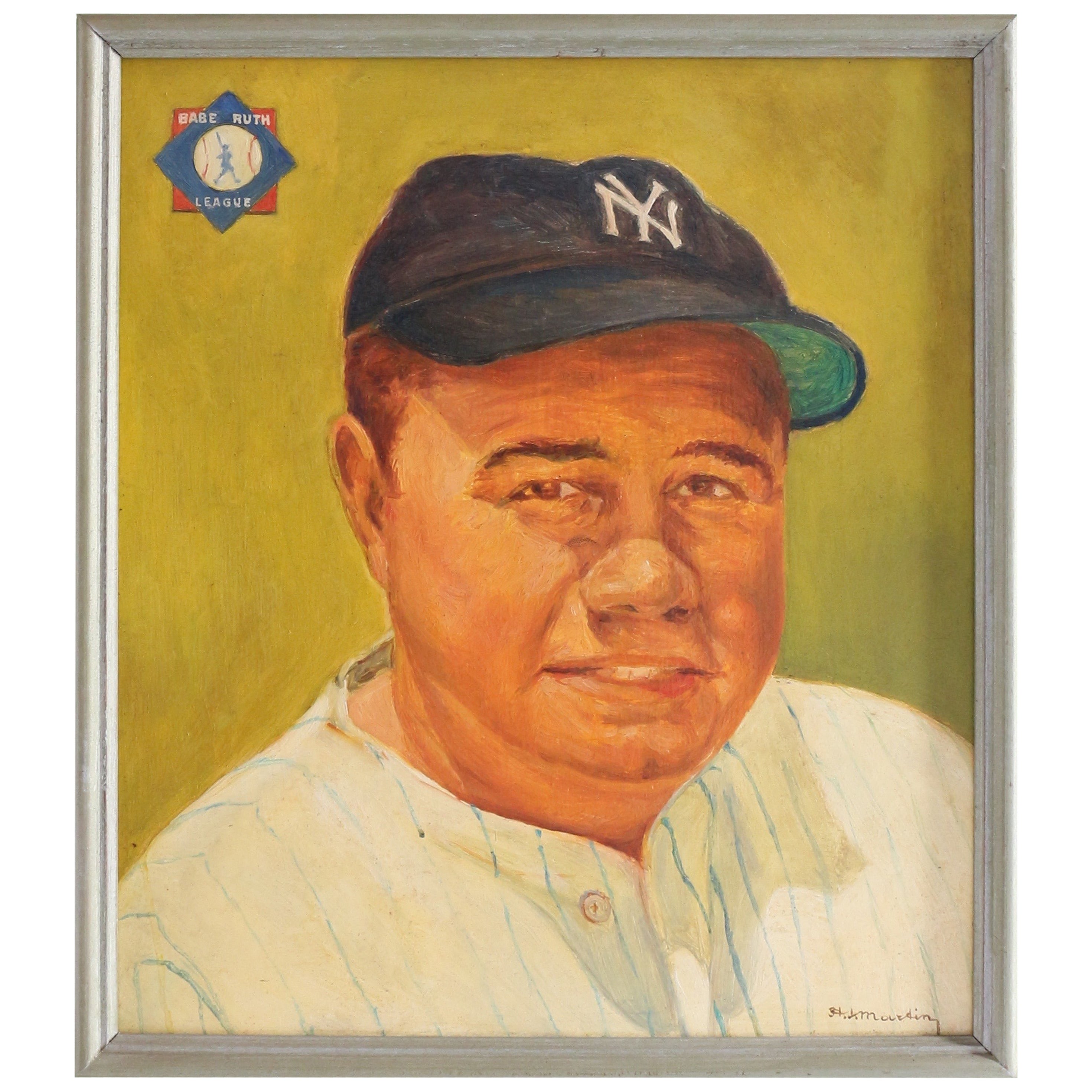Portrait of Babe Ruth, Oil on Board Signed and Dated "H.J. Martin, 1960" For Sale