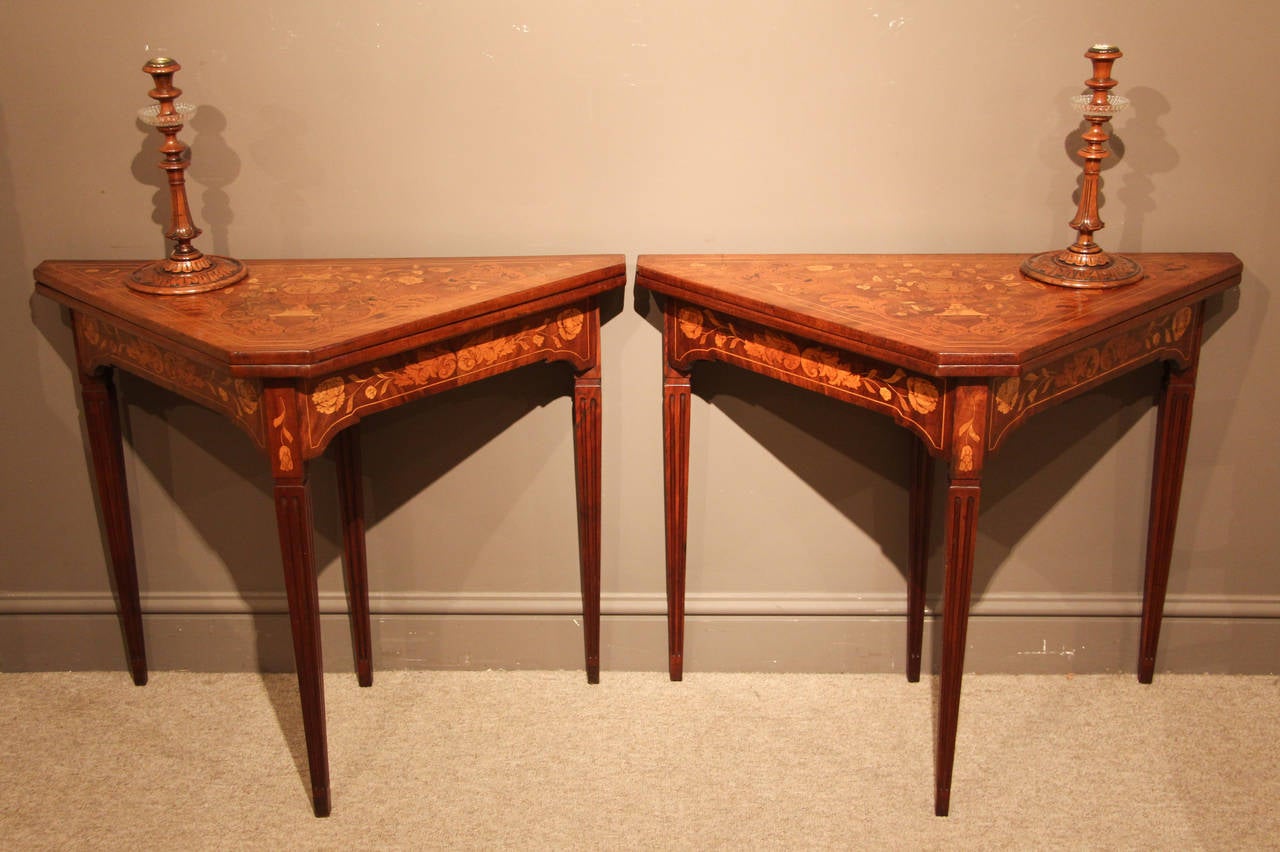 English Rare and Very Attractive Pair of Dutch Marquetry Card Tables, circa 1850