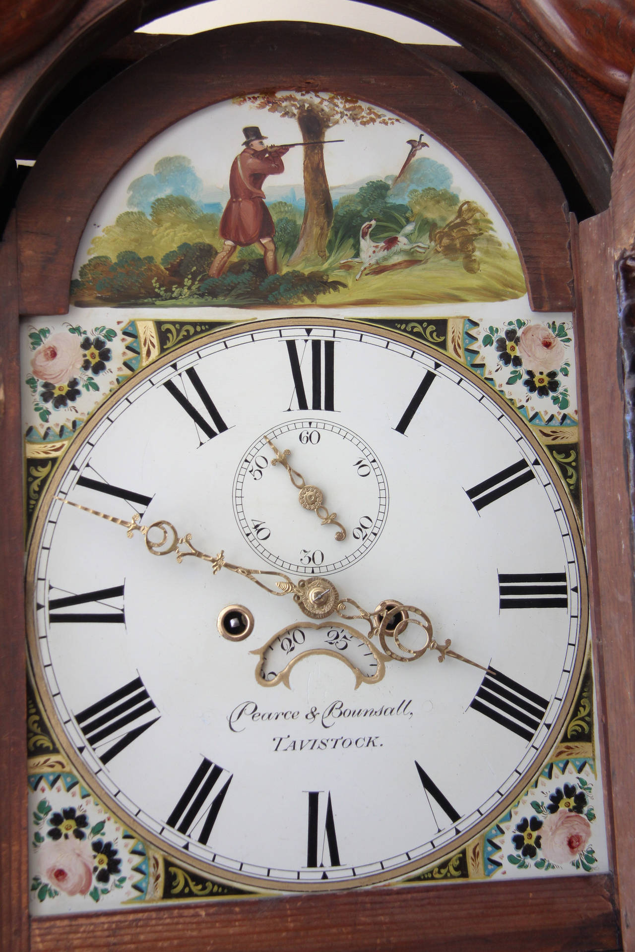 A small early 19th century oak eight-day longcase clock of good colour and proportions, circa 1815. Fully overhauled 8 day 2 train movement painted dial depicting a pheasant shoot. 

All of the items that we advertise for sale have been as