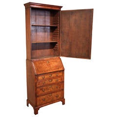 Superb George I Burr Walnut Bureau Bookcase of Elegant Small Proportion