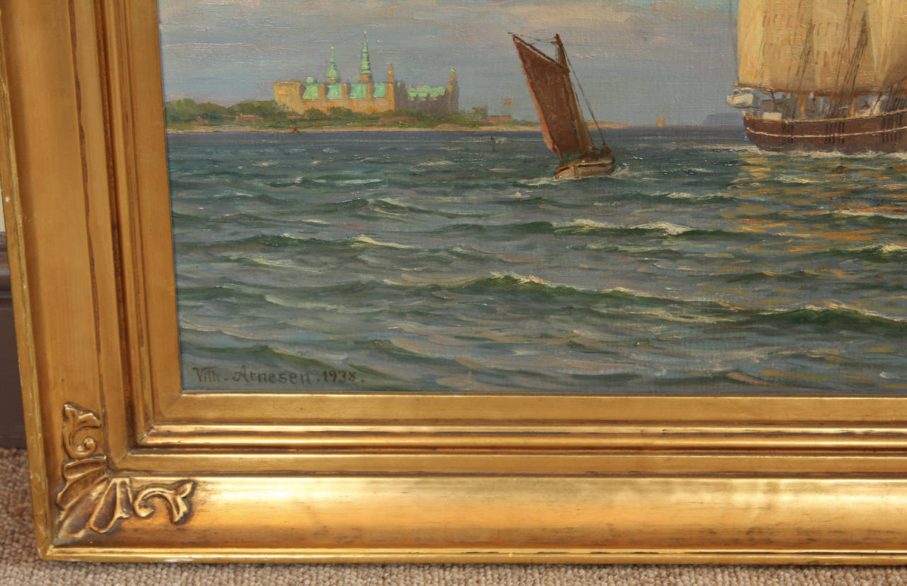 English Swordfish off Copenhagen, William Karl F Arnesen Oil Sea 3 Boats Castle Clouds