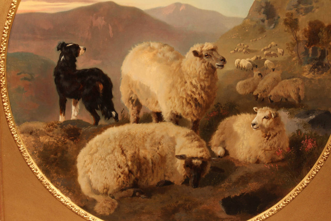 “Sheep Evening oil painting by George Horlor (1823-1895) animal and sporting painter who worked in Cheltenham, Birmingham and London. Exhibited Royal Academy, Royal Society and British Institution. Oil on canvas, 27 inches signed and inscribed