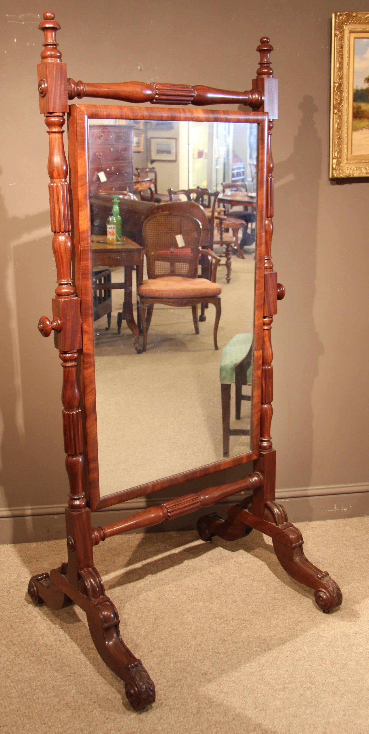 A fine Regency period mahogany cheval mirror with original mercury mirror, circa 1810. 

All of the items that we advertise for sale have been as accurately described as possible and are in excellent condition, unless otherwise stated. Please note