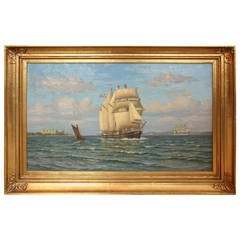 Antique Swordfish off Copenhagen, William Karl F Arnesen Oil Sea 3 Boats Castle Clouds