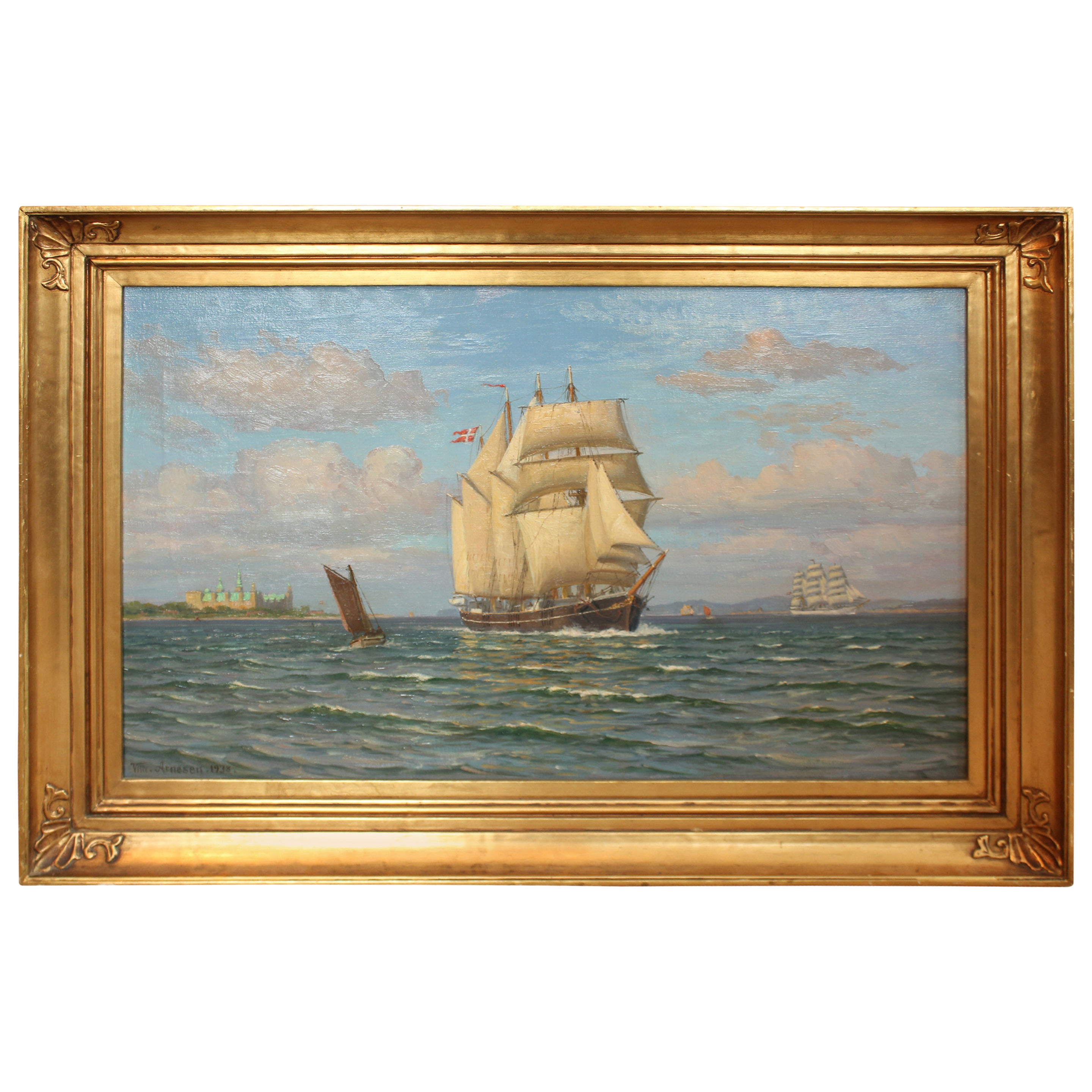 Swordfish off Copenhagen, William Karl F Arnesen Oil Sea 3 Boats Castle Clouds