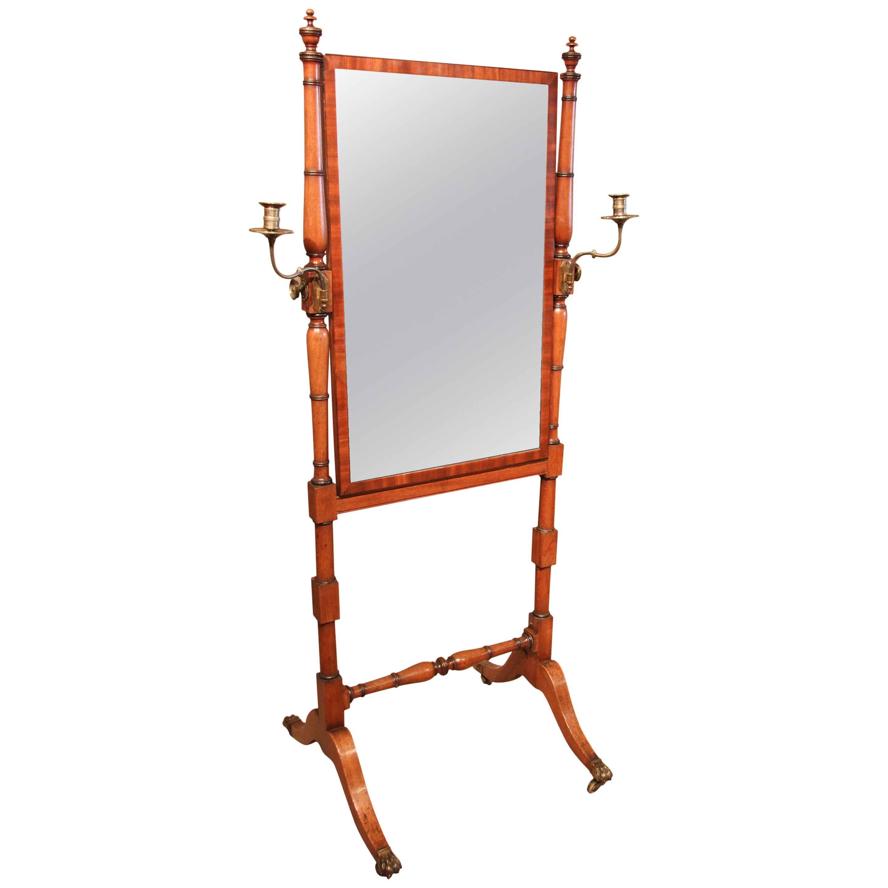 Rare Regency Period Mahogany Cheval Mirror with Candle Stands, circa 1810 For Sale