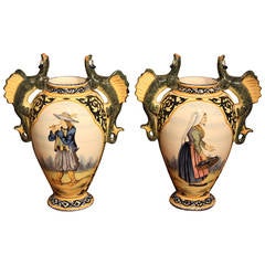 Superb Pair of Henriot Quimper Dragon Handled Vases