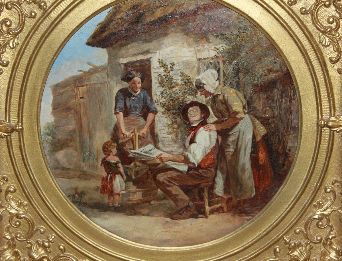 Oil John W.H Handley Outside House Three Adults Reading Paper and Child Tondo In Good Condition In Wiltshire, GB