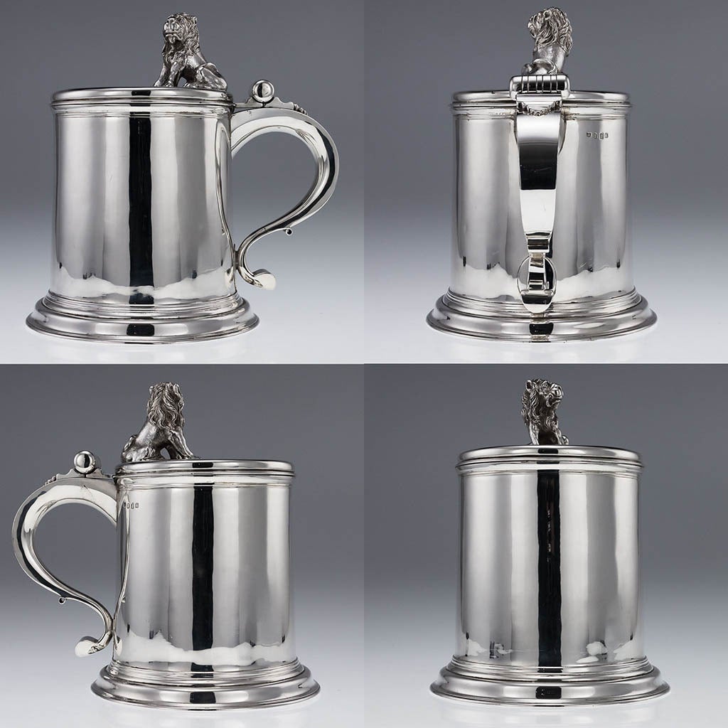 Antique early-20th Century rare matched pair of Solid Silver tankards, impressively large size (30cm tall) and outstanding weight (combined 6340 grams of silver), each of tapering form in the style of the 17th Century peg tankards, each hinged lid