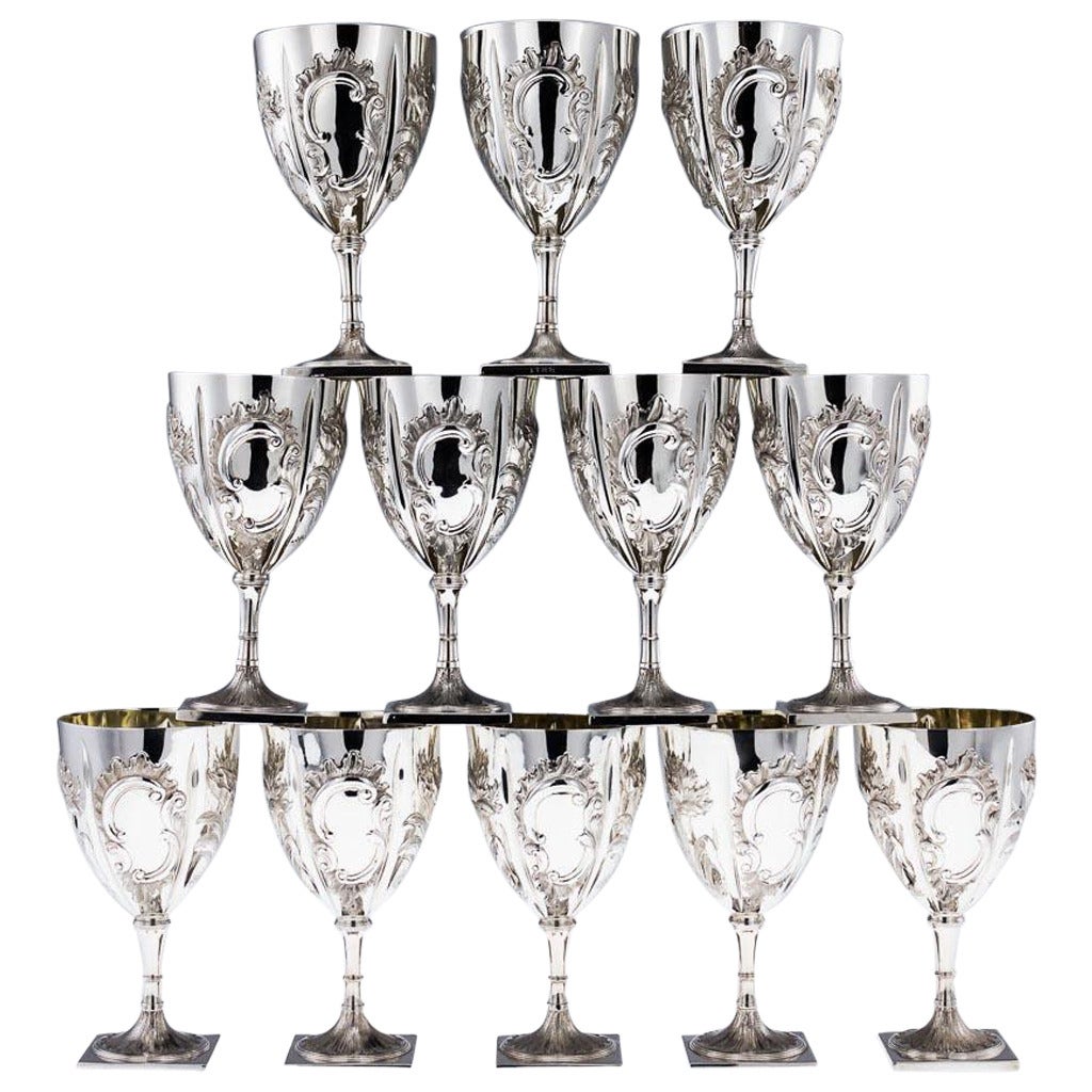 Antique 20th Century Rare Georgian and American Solid Silver Set of 12 Goblets