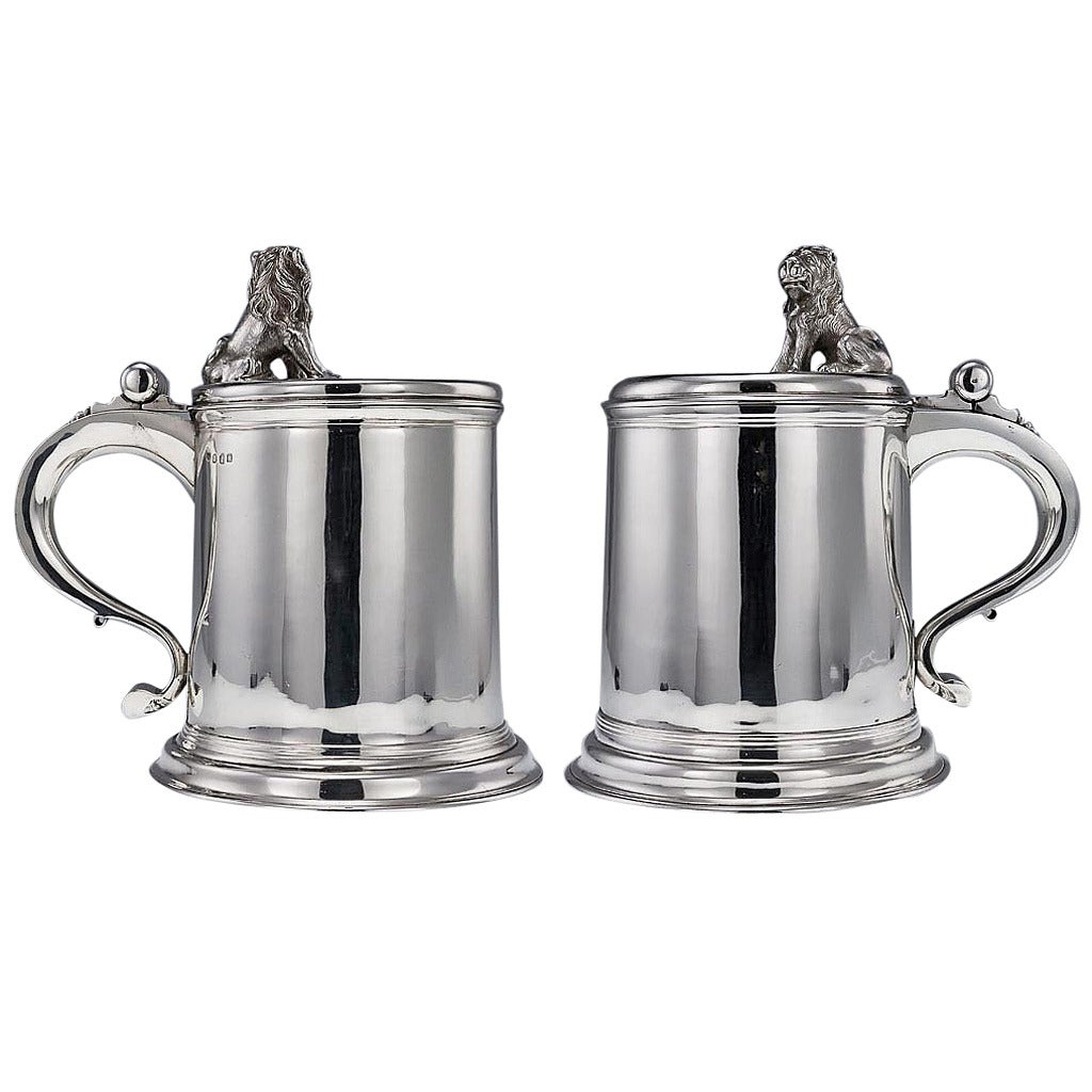 Antique 20th Century Pair of Edwardian, Solid Silver Massive Tankards by Lambert