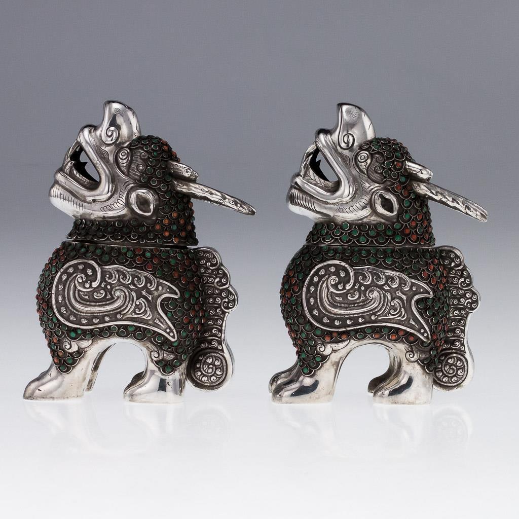 Antique 19th / 20th Century Sino-Mongolian Solid Silver pair of censers and covers, beautifully modelled as a pair of mythical Qilins (or Kilins), considered a good omen thought to occasion prosperity or serenity. Each statue is resting on four