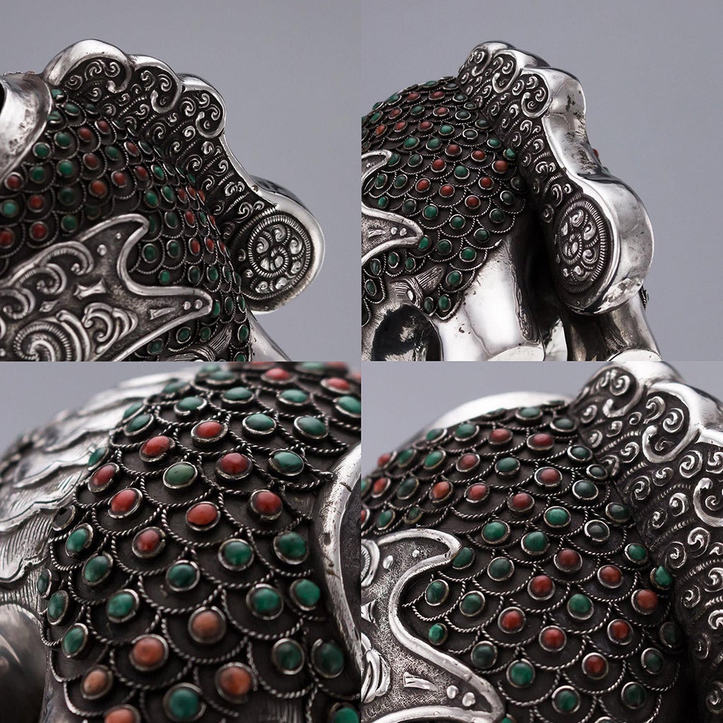 Mongolian Style Solid Silver Coral and Turquoise Qilin Censers, circa 1890 3