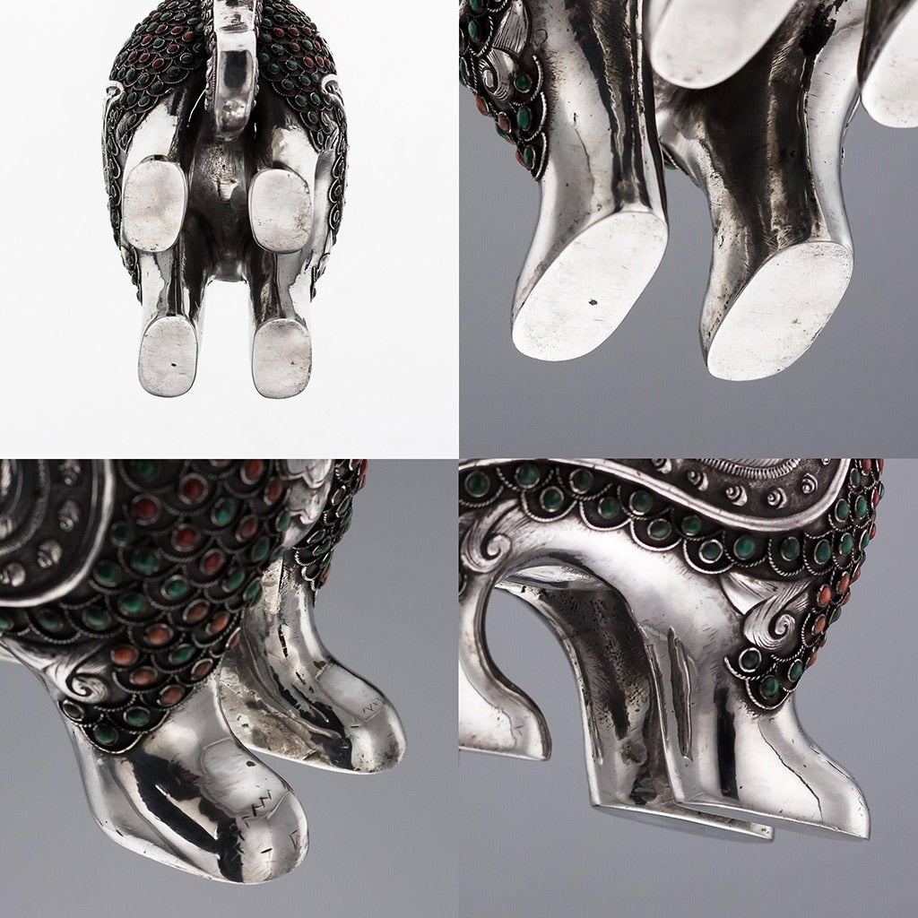 Mongolian Style Solid Silver Coral and Turquoise Qilin Censers, circa 1890 4