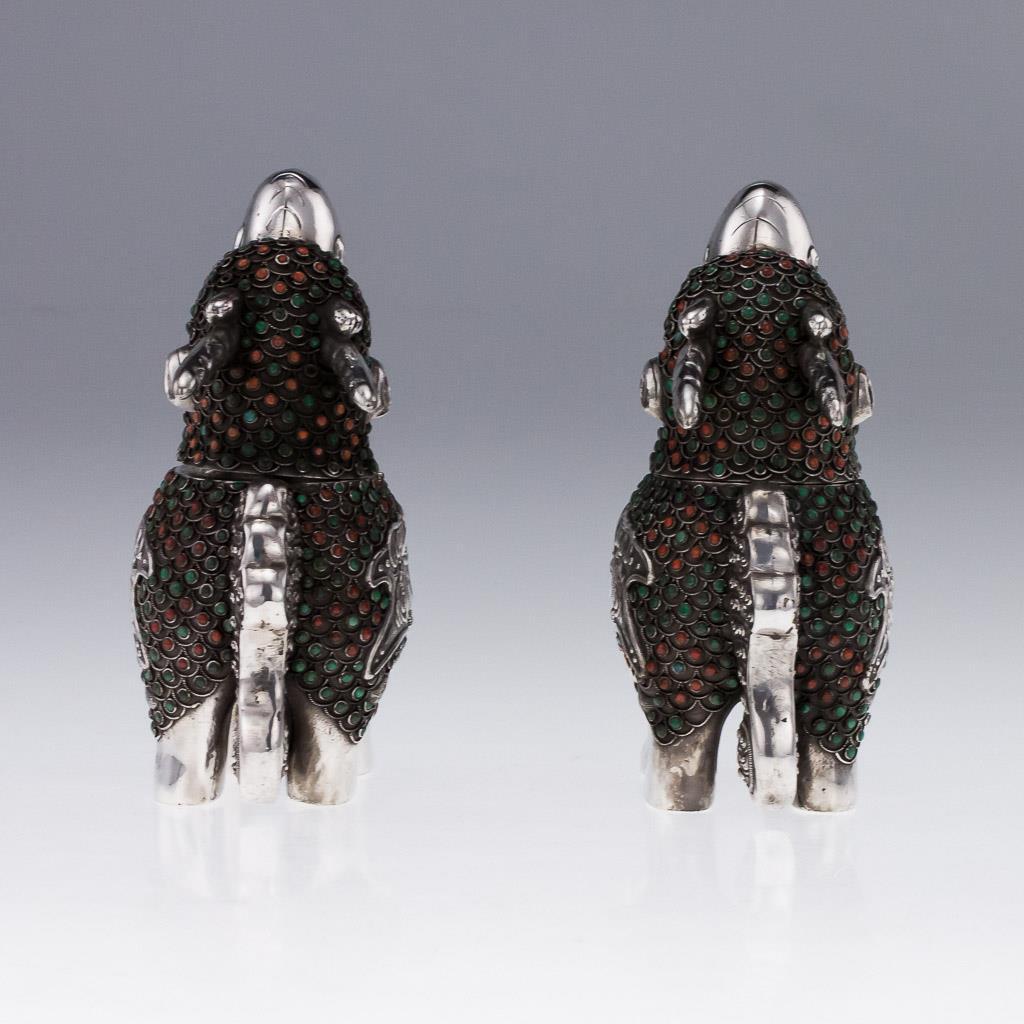 Tibetan Mongolian Style Solid Silver Coral and Turquoise Qilin Censers, circa 1890