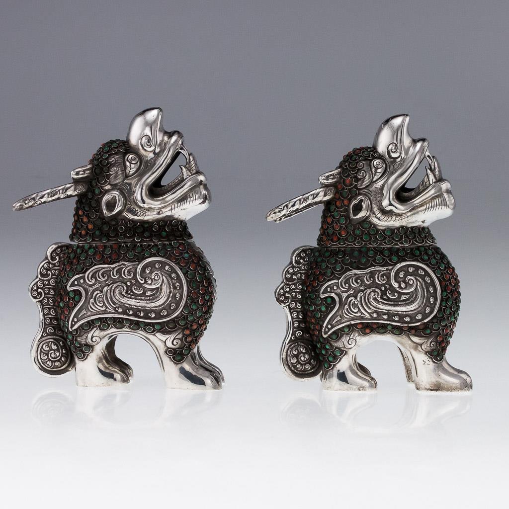 Chinese Mongolian Style Solid Silver Coral and Turquoise Qilin Censers, circa 1890