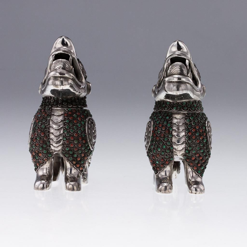 Mongolian Style Solid Silver Coral and Turquoise Qilin Censers, circa 1890 In Good Condition In Royal Tunbridge Wells, Kent
