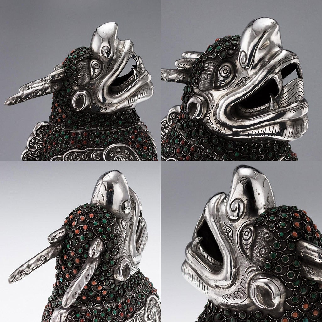 Late 19th Century Mongolian Style Solid Silver Coral and Turquoise Qilin Censers, circa 1890