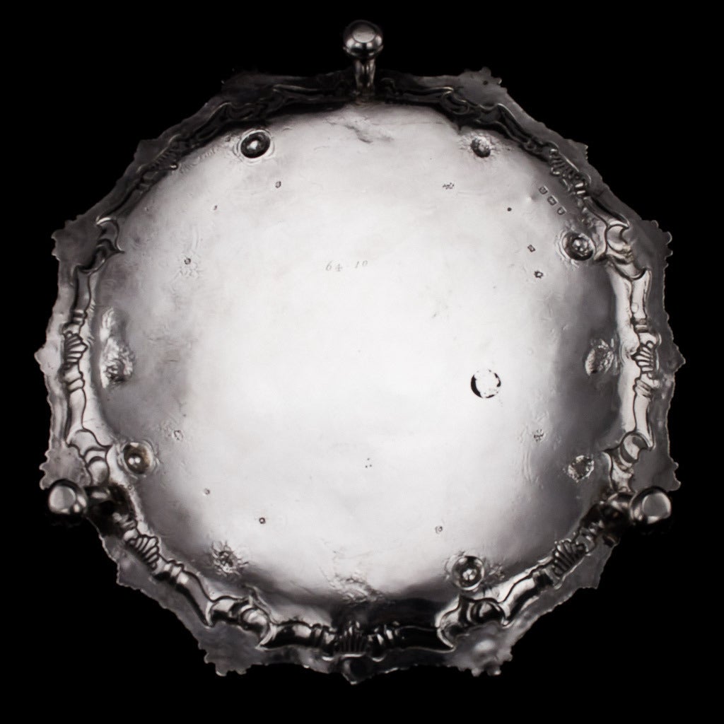 Antique 18th Century rare Georgian Solid Silver Salver tray, large size and very heavy gauge, of shaped-circular form with applied gadrooned and acanthus border, beautifully engraved and chased with leaves, flowers, swans and lions and centered by a