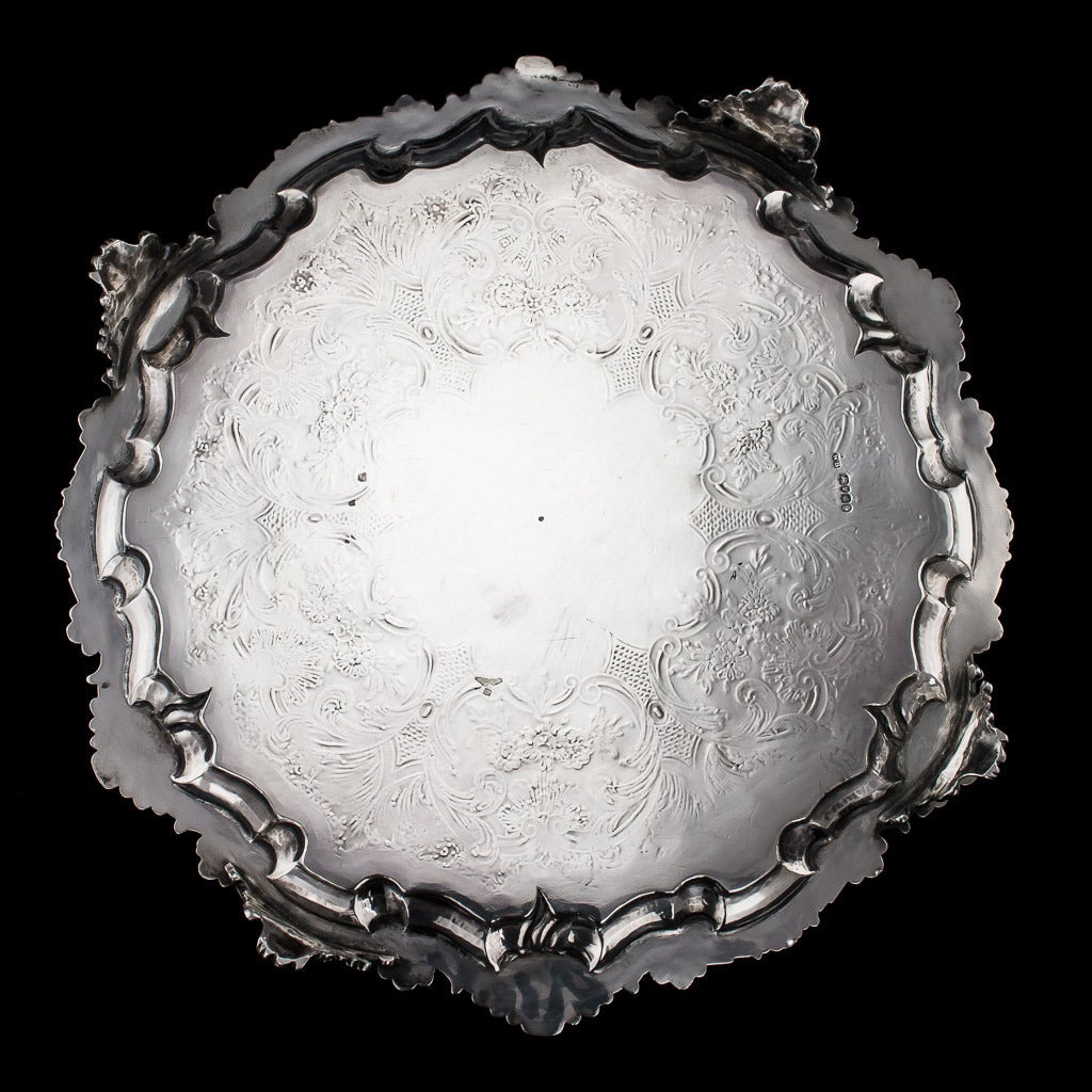Antique 19th Century rare William IV Solid Silver Salver tray, very large size and heavy gauge, of shaped-circular form with applied scroll and acanthus border, beautifully engraved with scrolling leaves and flowers, the centre bearing a memorial