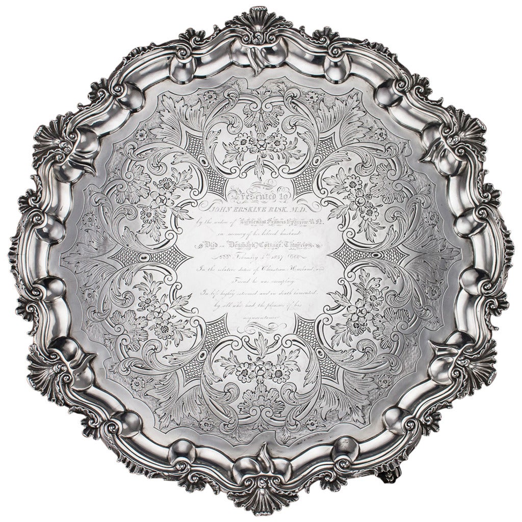 Antique 19th Century William IV Solid Silver Large Salver Tray by W. Brown