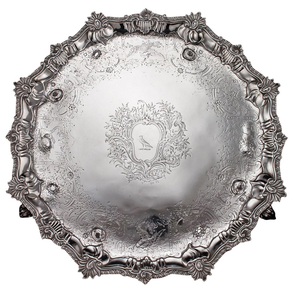 Antique 18th Century Rare Georgian Solid Silver Salver Tray by Ebenezer Coker