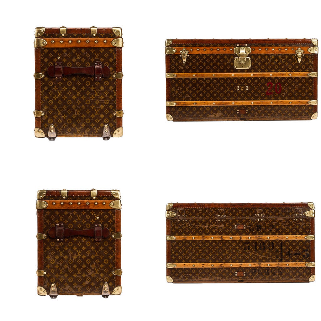 Antique early-20th Century genuine and very rare Louis Vuitton shoe steamer trunk, large size, Louis Vuitton monogram canvas, brass bound, reinforced with wooden laths, leather handles to either end (replaced), interior lined with yellow vuittonite,