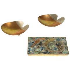 Collection of Mixed Metal Inlay Box and Pair of Dishes, Taxco