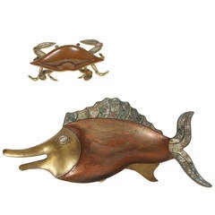 Brass and Abalone set of Fish and Crab Dishes