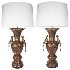 Pair of Monumental Brass Asian Lamps